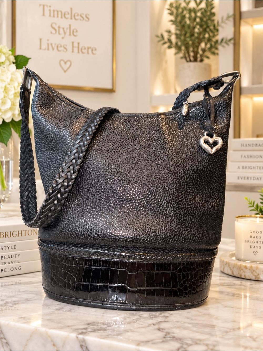 Brighton Large Black Leather Bucket Bag Croc Trim Braided Strap | Vintage | EUC - Picture 7 of 10